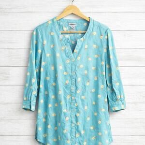 Catherines Linen Top Tunic 0X Teal Pineapple Split Neck 3/4 Sleeve Front Button
